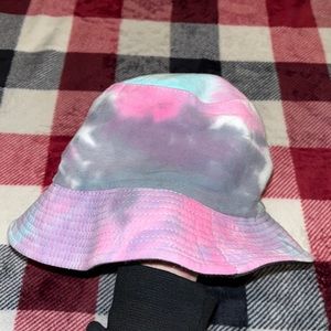 Tie Dye Bucket Hat. White, Grey, Blue, & Pink colors.
